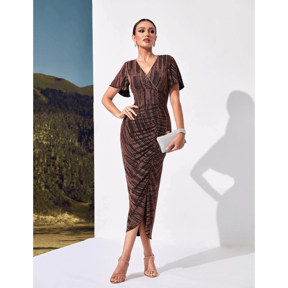 Shein Striped Ruched Butterfly Sleeve Fitted Dress